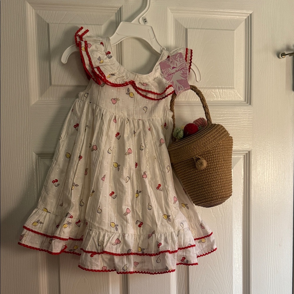 Tommy Bahama White Dress with Cherry & Yellow Heart Print, Red Trim